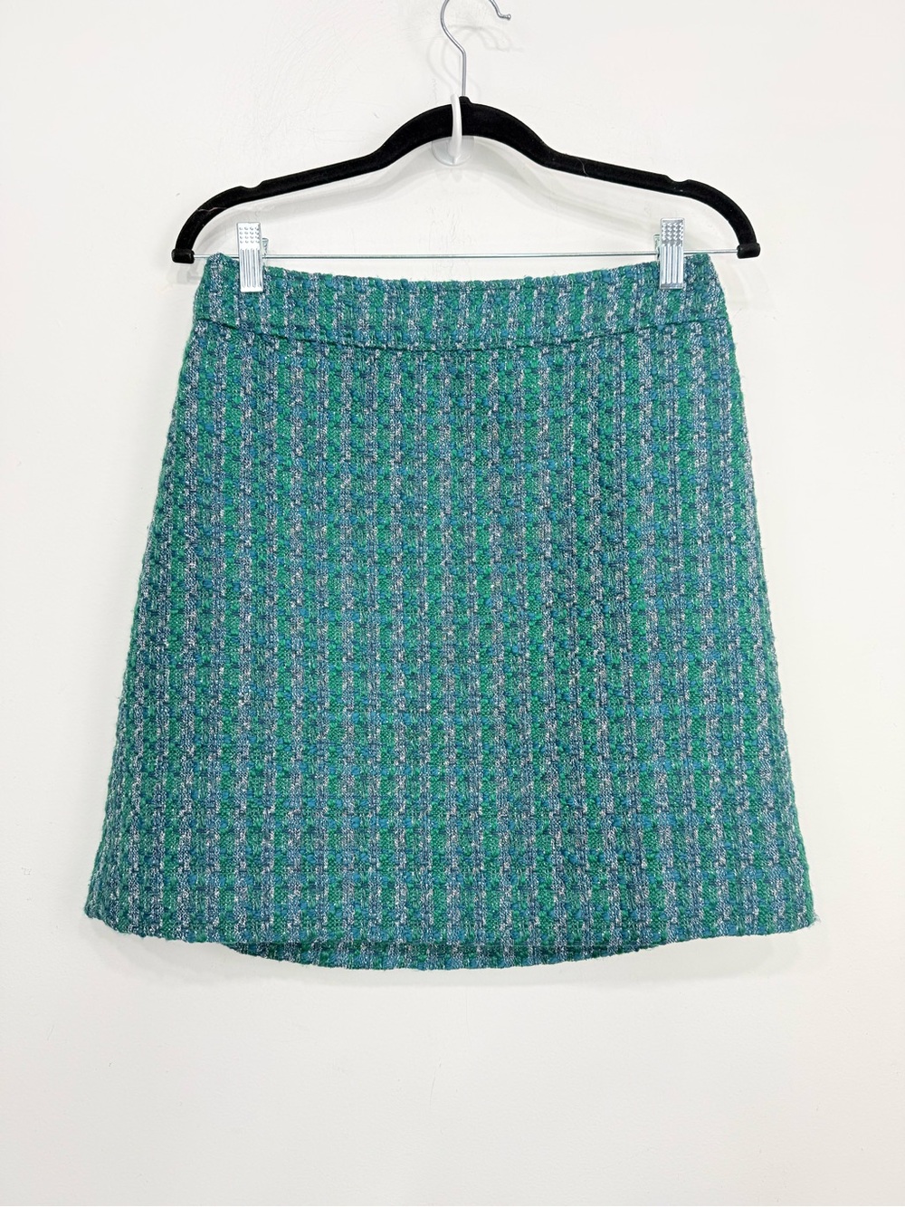 J. Crew Factory Green Blue Boucle Tweed Lined Aline Pencil Mini Skirt